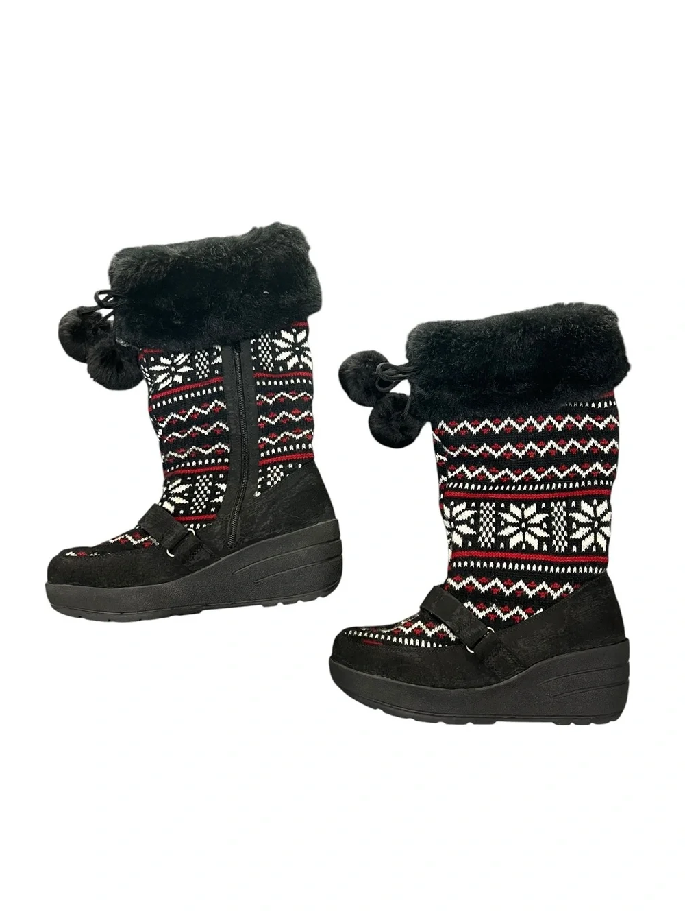 Hillard Hanson Fair Isle Pom Pom Snowflake Boots Size 9 Black Wedge